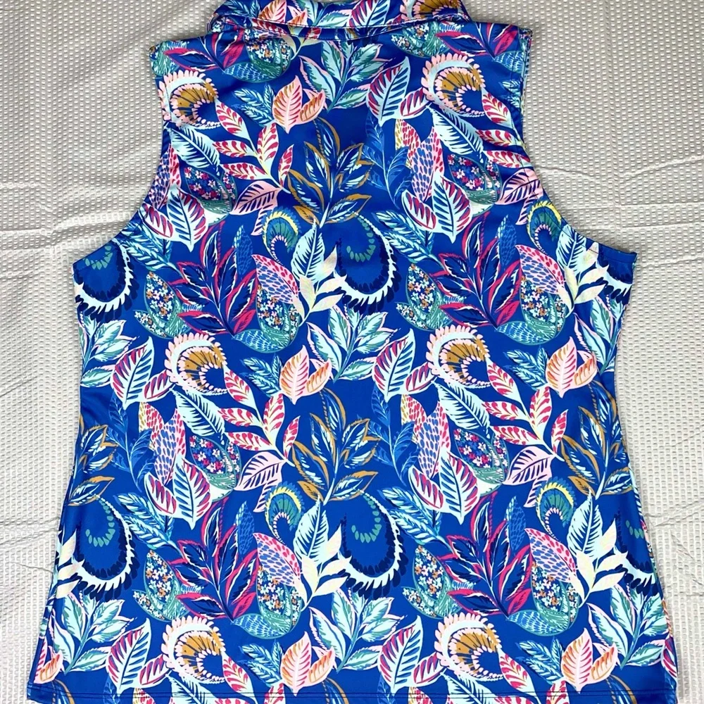 18 Birdies Polo Shirt Womens Large Blue Floral Paisley‎ Sleeveless Golf Stretch